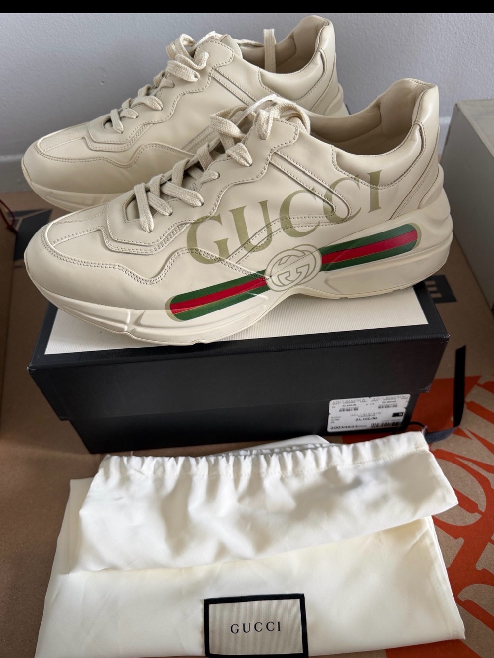 Gucci Cream Leather Sneaker with Red & Green Web Stripe